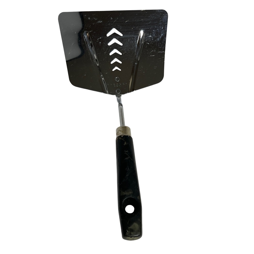 Vintage Androck USA Wide Slotted Spatula Stainless Steel Black Handle Chevron